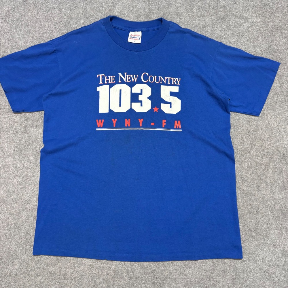 Vintage 90s WYNY 103.5 The New Country Radio T Shirt Blue Mens L Single Stitch